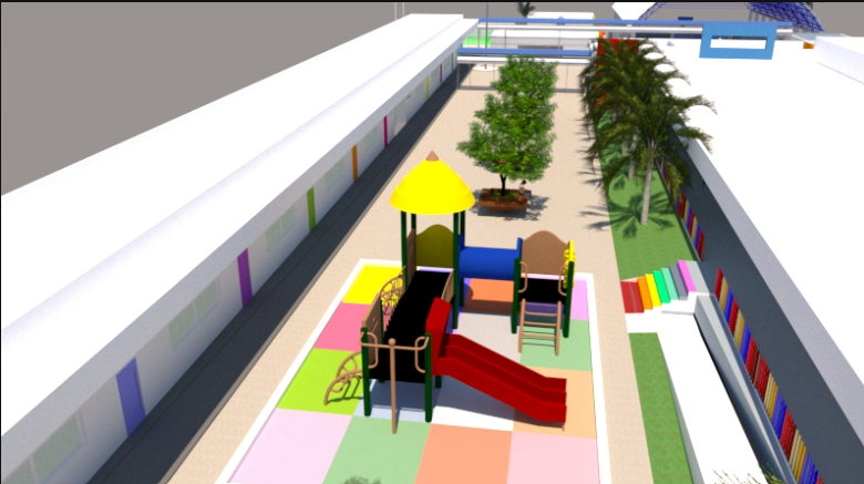 Pátio infantil com playground e percurso acessível