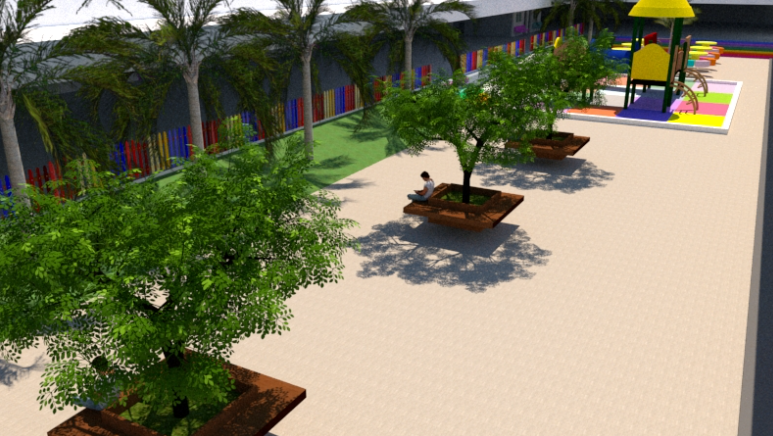 Pátio central arborizado e área de permanência