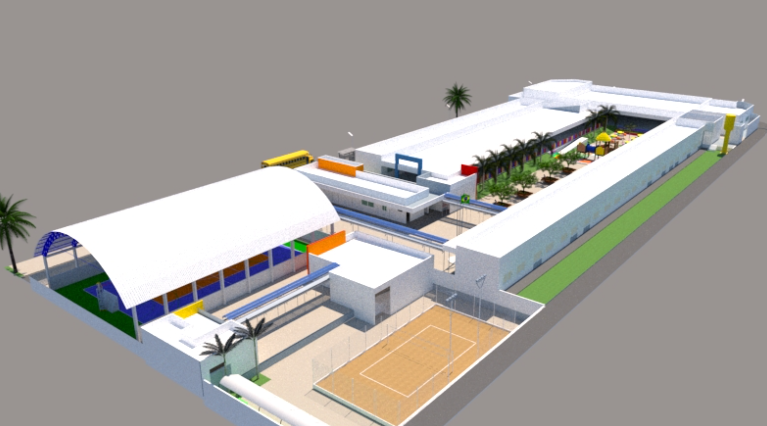 Conjunto escolar com quadra e cobertura esportiva