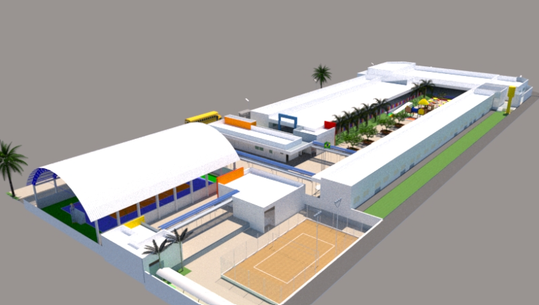Vista ampla da escola e das áreas esportivas
